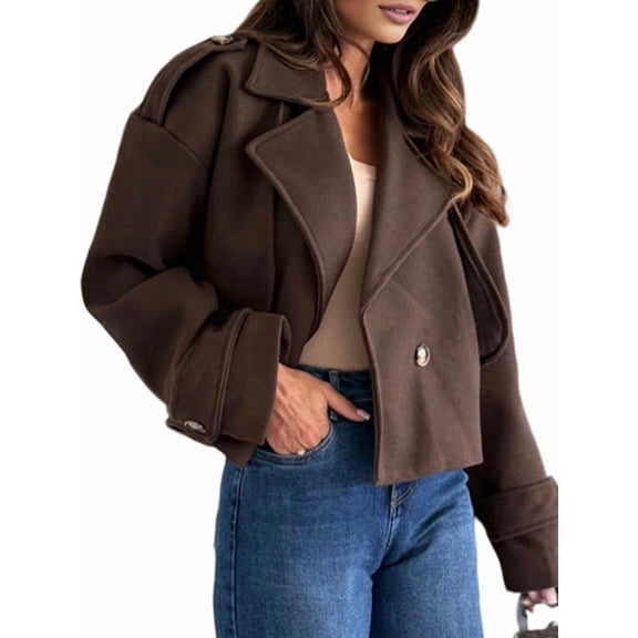 Women Crop Double Breasted Pea Coat Work Office Cropped Jacket with Pockets Dark Brown M