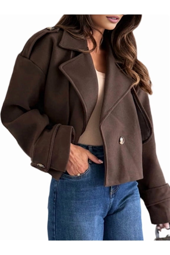 Women Crop Double Breasted Pea Coat Work Office Cropped Jacket with Pockets Dark Brown XXL