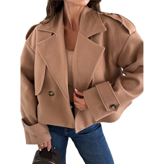 Women Crop Double Breasted Pea Coat Work Office Cropped Jacket with Pockets Khaki M