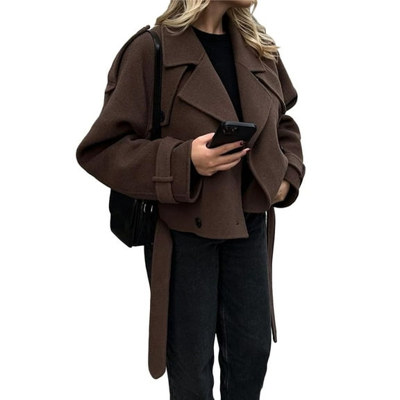 Women Crop Double Breasted Woolen Coat Raglan Sleeve Work Office Cropped Jacket with Pockets Dark Brown M