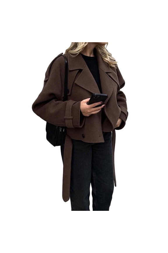 Women Crop Double Breasted Woolen Coat Raglan Sleeve Work Office Cropped Jacket with Pockets Dark Brown S
