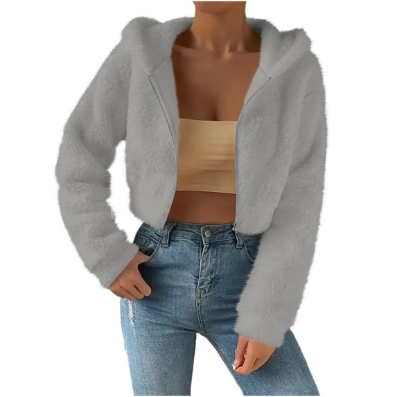 Women Crop Fuzzy Hoodie Jacket Casual Cropped Sherpa Fleece Long Sleeve Hooded Coat Full Zip Lightweight Winter Warm Outwear