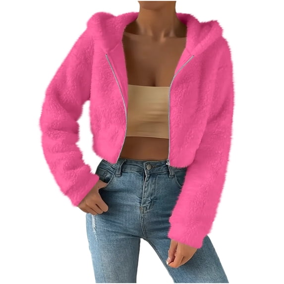 Women Crop Fuzzy Hoodie Jacket Casual Cropped Sherpa Fleece Long Sleeve Hooded Coat Full Zip Lightweight Winter Warm Outwear