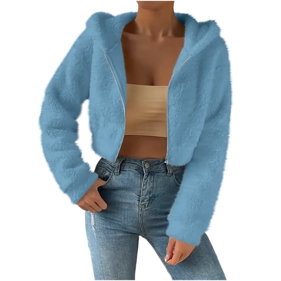 Women Crop Fuzzy Hoodie Jacket Casual Cropped Sherpa Fleece Long Sleeve Hooded Coat Full Zip Lightweight Winter Warm Outwear