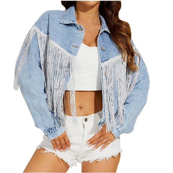 Women Crop Jean Jacket with Tassels Long Sleeve Ripped Vintage Fashion Fringed Short Denim Coat Fall Outwear (Large, Blue)