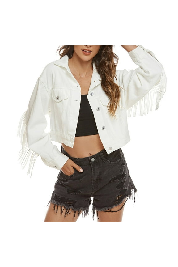 Women Crop Jean Jacket with Tassels Long Sleeve Ripped Vintage Fashion Fringed Short Denim Coat Fall Outwear (Large, White)