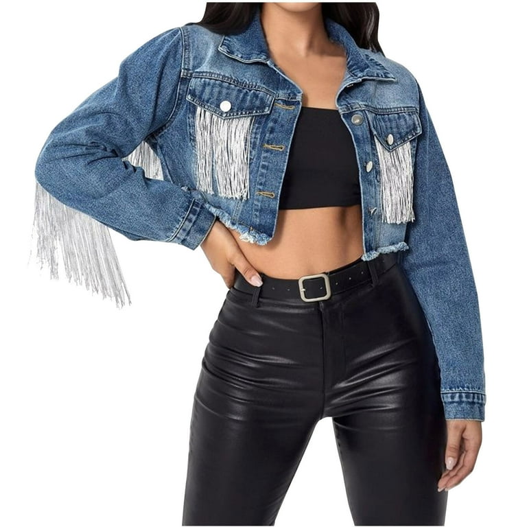 Women Crop Jean Jacket with Tassels Long Sleeve Ripped Vintage Fashion Fringed Short Denim Coat Fall Outwear Small Dark Blue