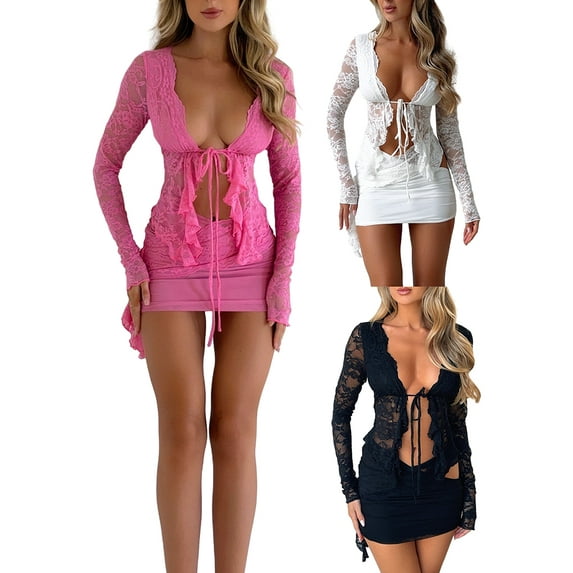 Women Crop Long Sleeve Tops Floral Lace Basic Shirt Casual Tie Front Cardigan for Club Streetwear Aesthetic Clothes