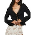 thumbnail image 1 of Women Crop Long Sleeve Tops Lace Eyelash Trim Tie Front Shirt Casual Cardigan for Club Streetwear Aesthetic Clothes, 1 of 7