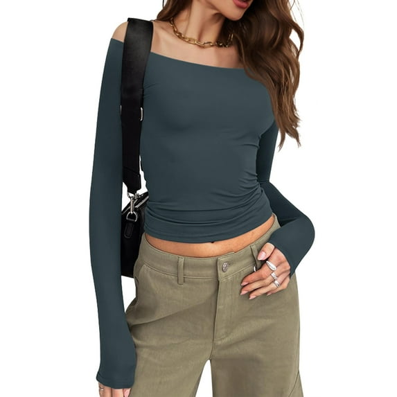 Women Crop Off-Shoulder Tops Solid Color Long Sleeve Shirt Casual Pullovers for Club Streetwear Aesthetic Clothes