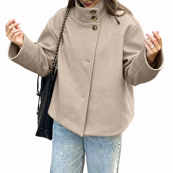 Women Crop Pea Coat Winter Loose Casual Short Jacket Outwear Khaki S
