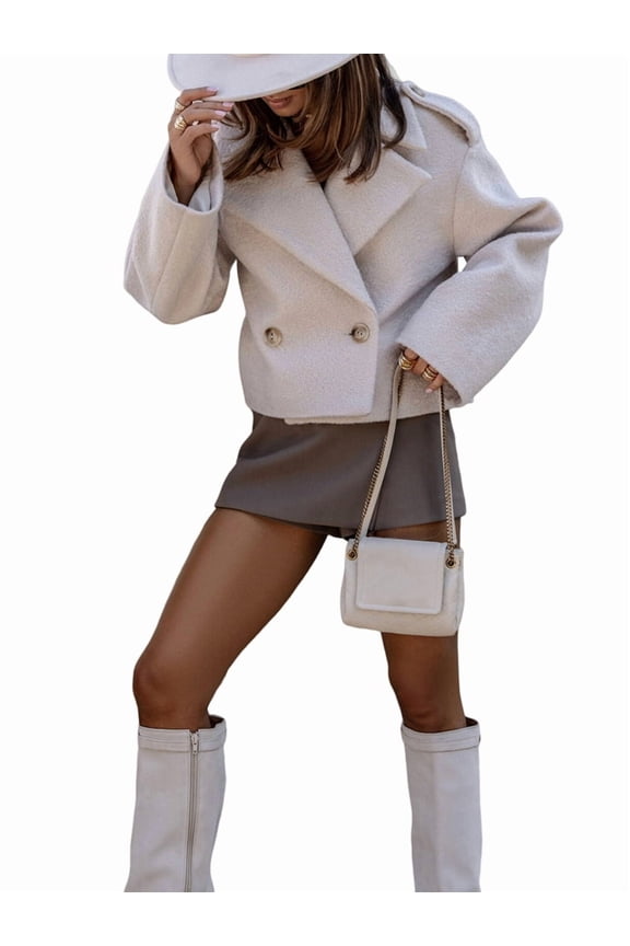 Women Crop Pea Coat Wool Blend Office Work Lapel Collar Short Winter Jacket Trench Coat Apricot Color XL