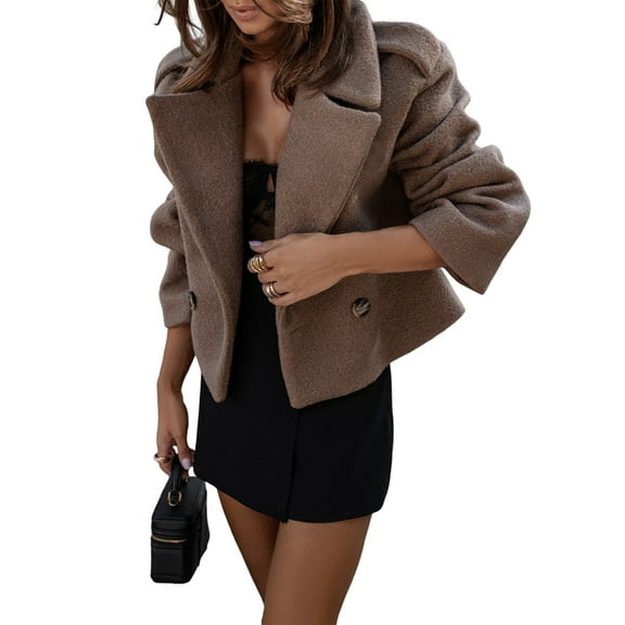 Women Crop Pea Coat Wool Blend Office Work Lapel Collar Short Winter Jacket Trench Coat Brown L
