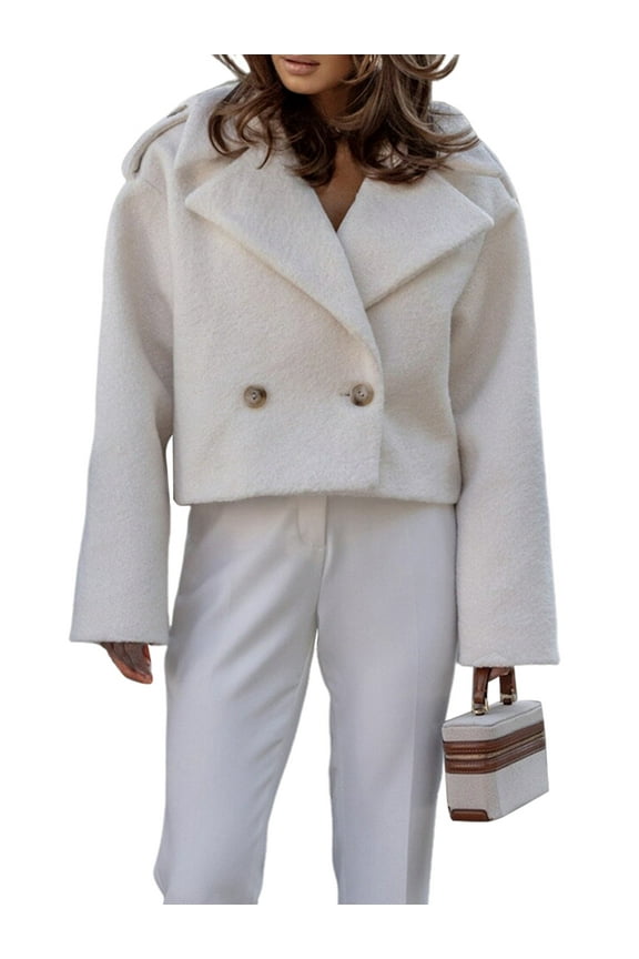 Women Crop Pea Coat Wool Blend Office Work Lapel Collar Short Winter Jacket Trench Coat White XL