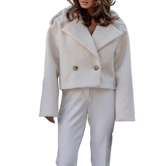 Women Crop Pea Coat Wool Blend Office Work Lapel Collar Short Winter Jacket Trench Coat White XXL