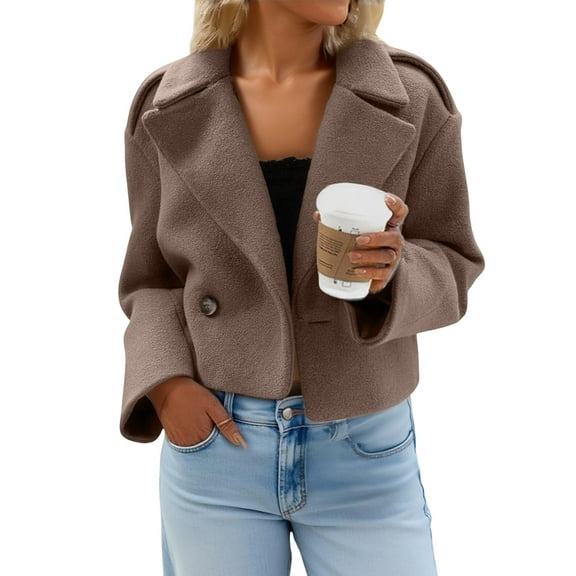 Women Crop Pea Coat Wool Blend Office Work Lapel Collar Short Winter Jacket Trench CoatCoffee M
