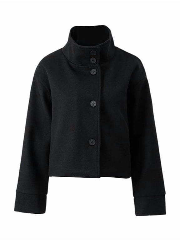 Women Crop Pea Coat Wool Blend Office Work Stand Collar Winter Jacket Trench Coat with Pocket Black L