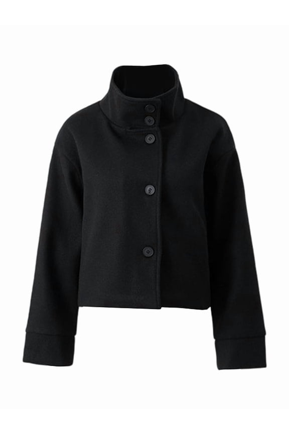 Women Crop Pea Coat Wool Blend Office Work Stand Collar Winter Jacket Trench Coat with Pocket Black M