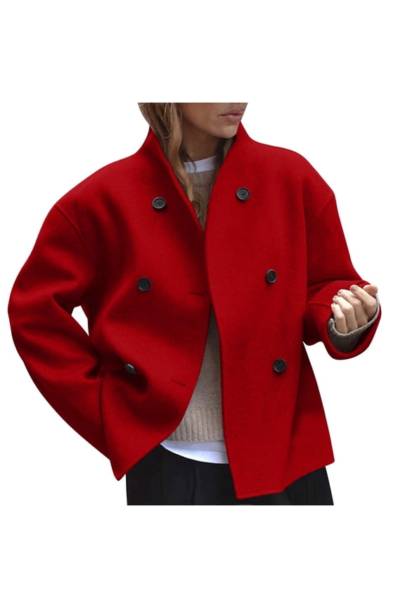 Women Crop Pea Coat Wool Blend Winter Loose Casual Short Jacket Stand Collar Overcoat Winter Fashion Double Breasted