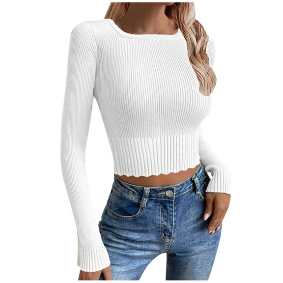 Women Crop Ribbed Knit Sweater Casual Stretch U Neck Cropped Long Sleeve Pullover Shirts Trendy Lightweight Winter Warm Tops