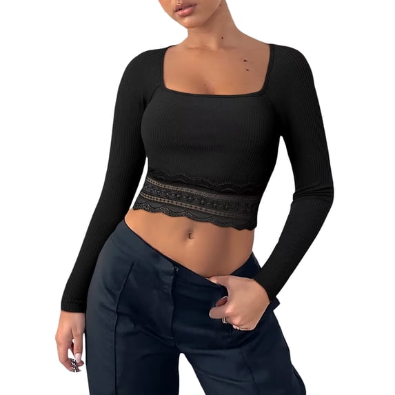 Women Crop Ribbed Tops Lace Patchwork Square Neck Long Sleeve Shirt for Club Streetwear Aesthetic Grunge Clothes