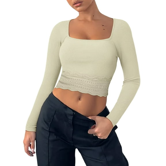Women Crop Ribbed Tops Lace Patchwork Square Neck Long Sleeve Shirt for Club Streetwear Aesthetic Grunge Clothes