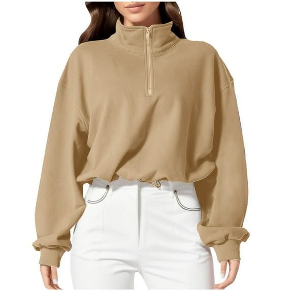 Women Crop Sweatshirts Half Zip Cropped Pullover Fleece Cotton Drawcord Hem Workout Sports Fall Casual Clothes (XL, Khaki)