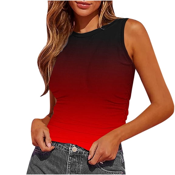 Women Crop Tanks Top Crewneck Vest Gradient Sleeveless Pullover Camisole Pleated Basic Top Summer