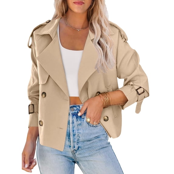Women Crop Top Double Breasted Trench Coat with Shoulder Sleeves and Cut Jacket with Pockets