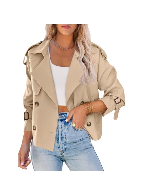 Women Crop Top Double Breasted Trench Coat with Shoulder Sleeves and Cut Jacket with Pockets