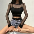 thumbnail image 1 of Women Crop Tops Black Fishnet Sheer Long Sleeve Crew Neck Shirt, 1 of 3
