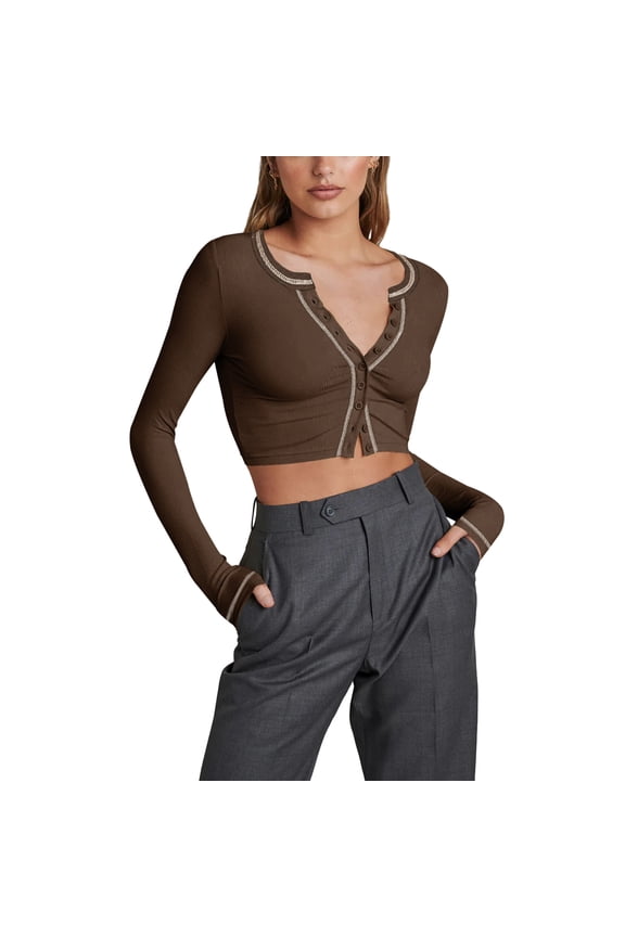 Women Crop Tops Reverse Stitch Buttons Long Sleeve T-Shirts Spring Fall Casual Slim Fit Shirts Streetwear