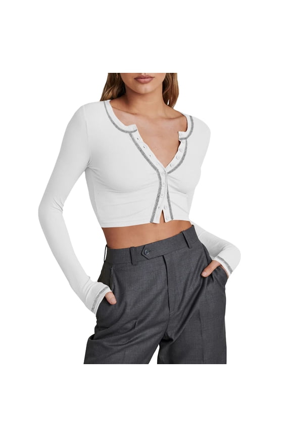 Women Crop Tops Reverse Stitch Buttons Long Sleeve T-Shirts Spring Fall Casual Slim Fit Shirts Streetwear