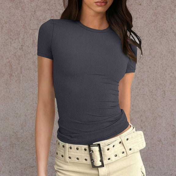 Women Crop Tops Short Sleeve Ribbed Knit Shirts Cute Bow Embroidery Tee Shirts Teen Girls Slim Baby Tees