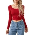 thumbnail image 1 of Women Crop Tops Solid Color Ribbed Scoop Neck Long Sleeve T-Shirts Spring Autumn Slim Fit Bottoming Shirts, 1 of 6