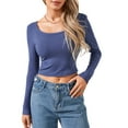 thumbnail image 1 of Women Crop Tops Solid Color Scoop Neck Long Sleeve T-Shirts Fall Slim Fit Shirts, 1 of 10