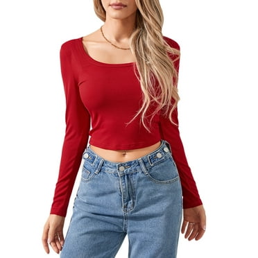 Women Crop Tops Solid Color Scoop Neck Long Sleeve T-Shirts Fall Slim Fit Shirts