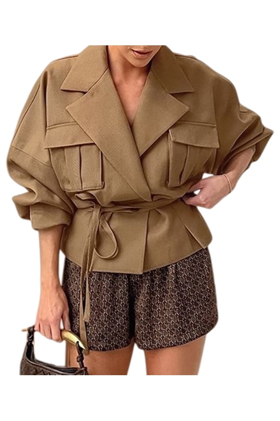 Women Crop Trench Coat Raglan Sleeve Work Office Cropped Jacket with Pockets Khaki L