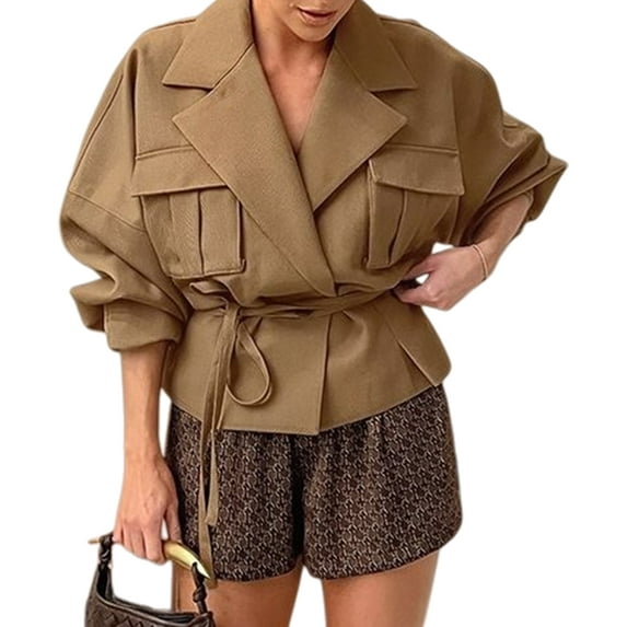 Women Crop Trench Coat Raglan Sleeve Work Office Cropped Jacket with Pockets Khaki S