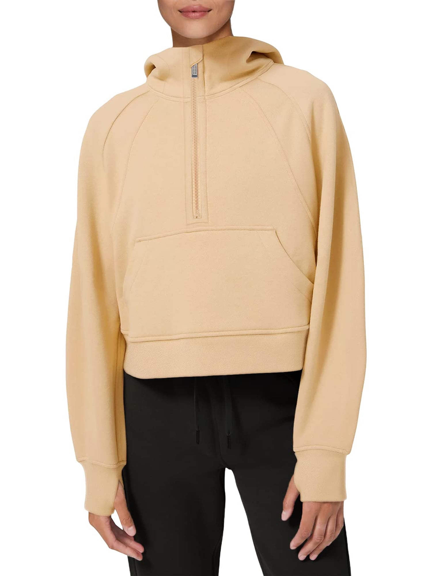 Women Cropped 1/2 Half Zip Hoodies Fleece Lined Zip Up Pullover Sweatshirt  Long Sleeve Collar Sweater Workout Crop Tops 