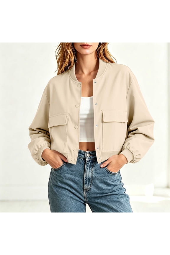 Women Cropped Baseball Jacket Ribbed Cuff Stand Collar Snap Front Loose Fashion Outerwear Coat for Spring Fall Daily Wear Khaki S