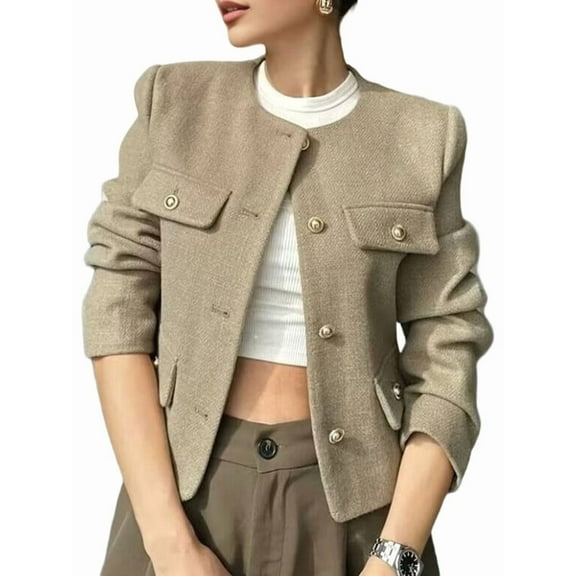 Women Cropped Blazer Jacket Collarless Button Down Business Casual Fall Outfits Winter Coats Olive Color M