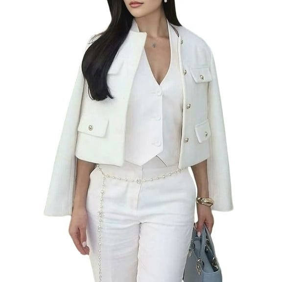 Women Cropped Blazer Jacket Collarless Button Down Business Casual Fall Outfits Winter Coats White L