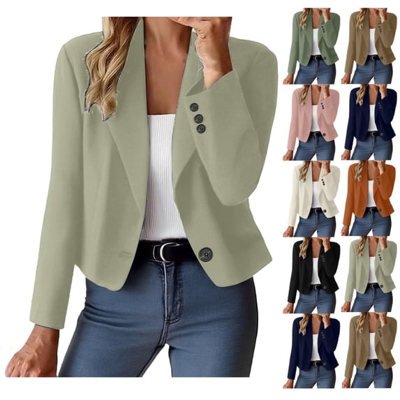 Women Cropped Blazer Jacket Lapel Long Sleeve One Button Suit Coat, Slim Fit Casual Office Outerwear for Spring Fall