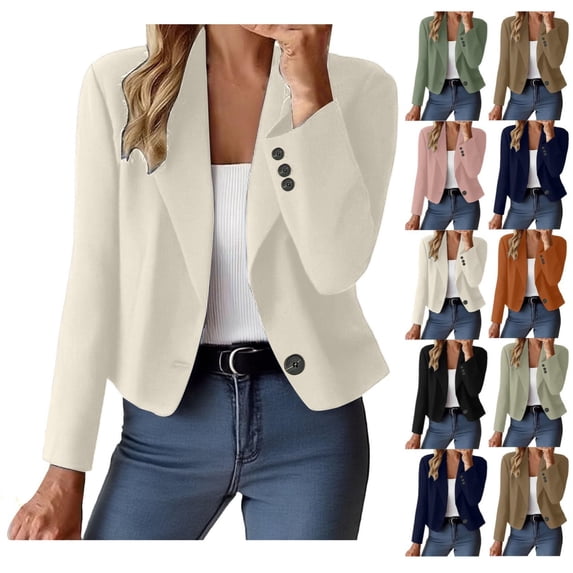 Women Cropped Blazer Jacket Lapel Long Sleeve One Button Suit Coat, Slim Fit Casual Office Outerwear for Spring Fall