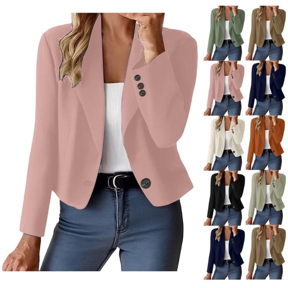 Women Cropped Blazer Jacket Lapel Long Sleeve One Button Suit Coat, Slim Fit Casual Office Outerwear for Spring Fall
