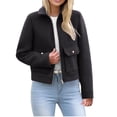 thumbnail image 1 of Women Cropped Bomber Jacket Button Down Varsity Shacket with Pockets Lapel Neck Long Sleeve Full Zip Casual Coat, 1 of 7