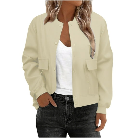 Women Cropped Bomber Jacket Casual Button Down Varsity Jackets Long Sleeve Loose Shackets Fall Coat Outwear With Pockets