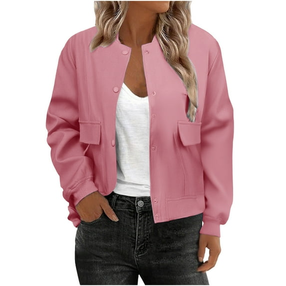 Women Cropped Bomber Jacket Casual Button Down Varsity Jackets Long Sleeve Loose Shackets Fall Coat Outwear With Pockets