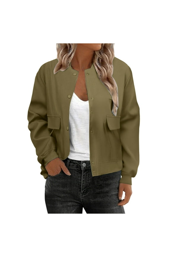 Women Cropped Bomber Jacket Casual Button Down Varsity Jackets Long Sleeve Loose Shackets Fall Coat Outwear With Pockets
